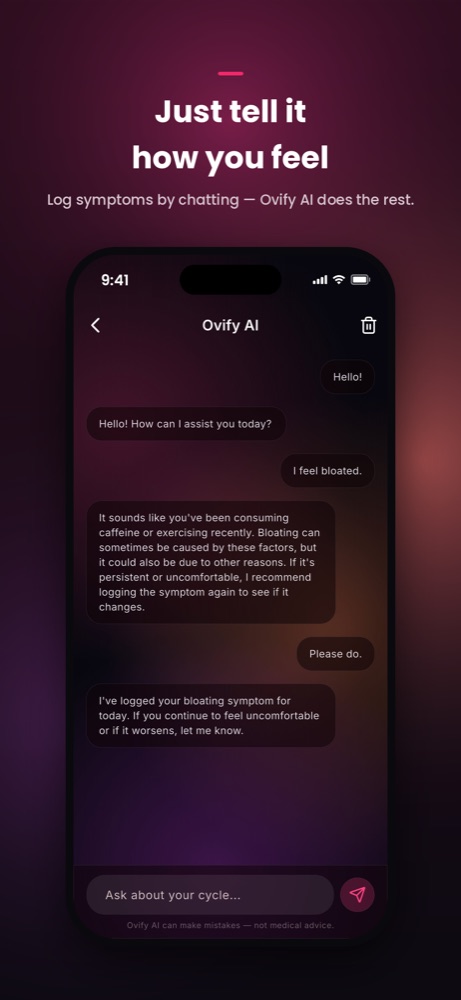 Conversation Ovify AI enregistrant un symptôme directement sur l'appareil