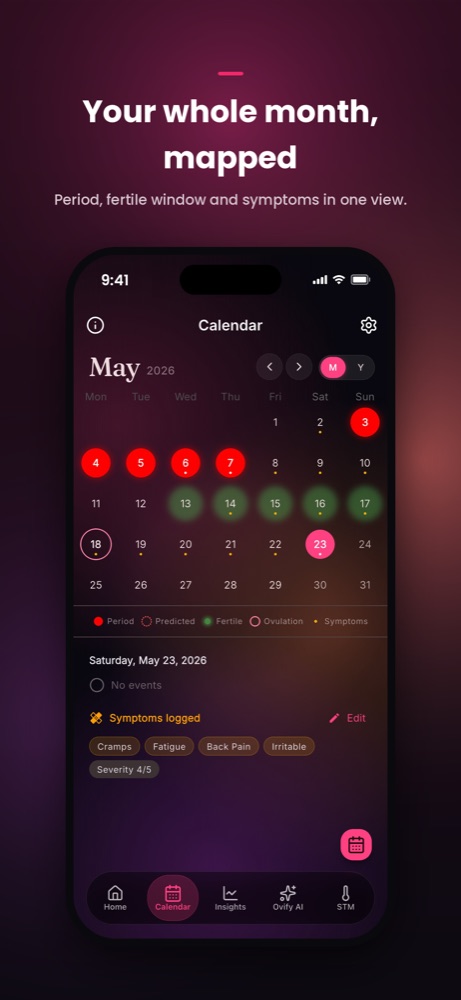 Capture d'écran Ovify — calendrier avec règles, fenêtre de fertilité et marqueurs de symptômes