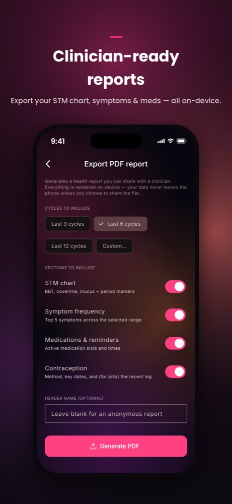 Capture d'écran Ovify — options d'export PDF prêt pour la consultation médicale