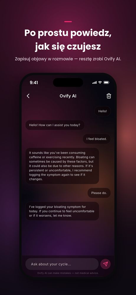 Czat Ovify AI zapisujący objaw na urządzeniu