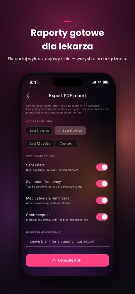 Zrzut ekranu Ovify — opcje eksportu raportu PDF dla lekarza